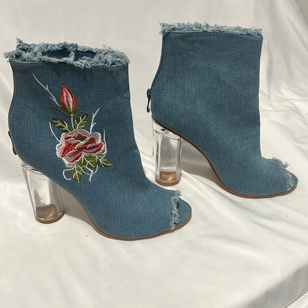 Glaze Denim Peep Toe Ankle Booties with Floral Embroidery & Clear Block Heel - Picture 5 of 12